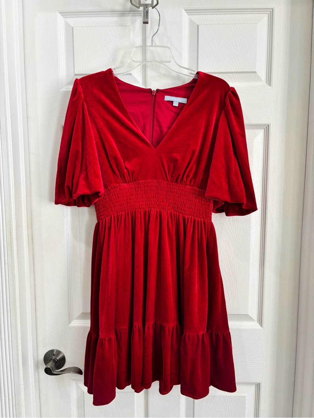 ANTONIO MELANI Red Velvet V-Neck Smocked Mini Dress